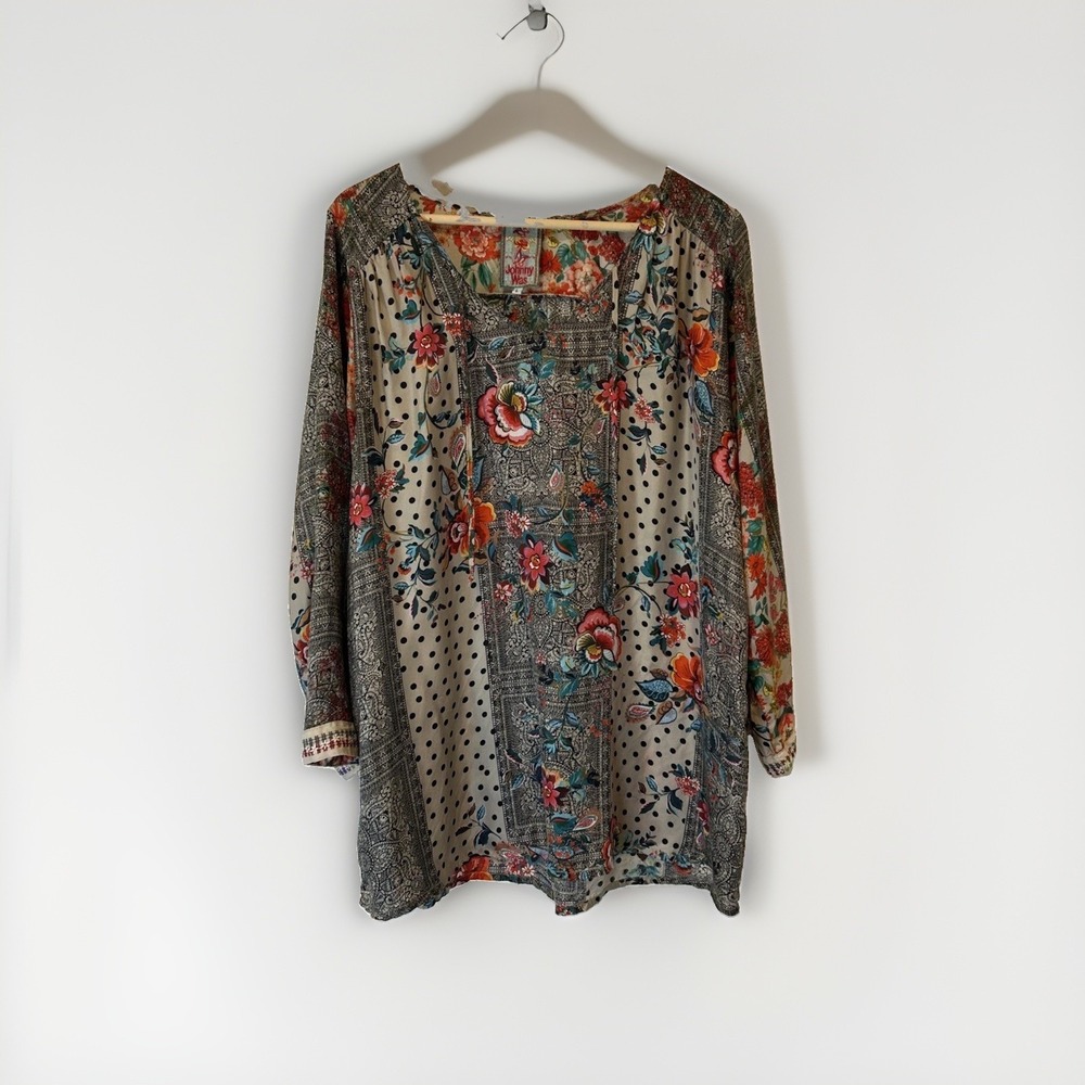 Johnny Was Jolie Tunic Top Womens Large Multicolor Silk Floral Polka Dot Blouse